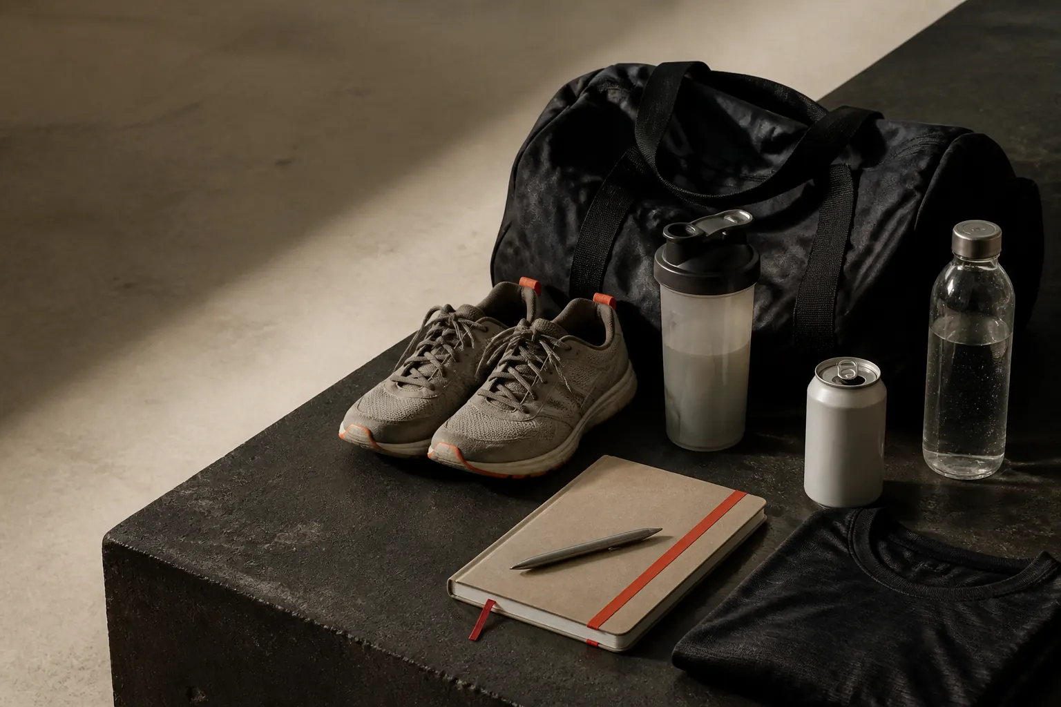 Composition éditoriale réunissant sac de sport, chaussures, shaker, eau et carnet sans marque
